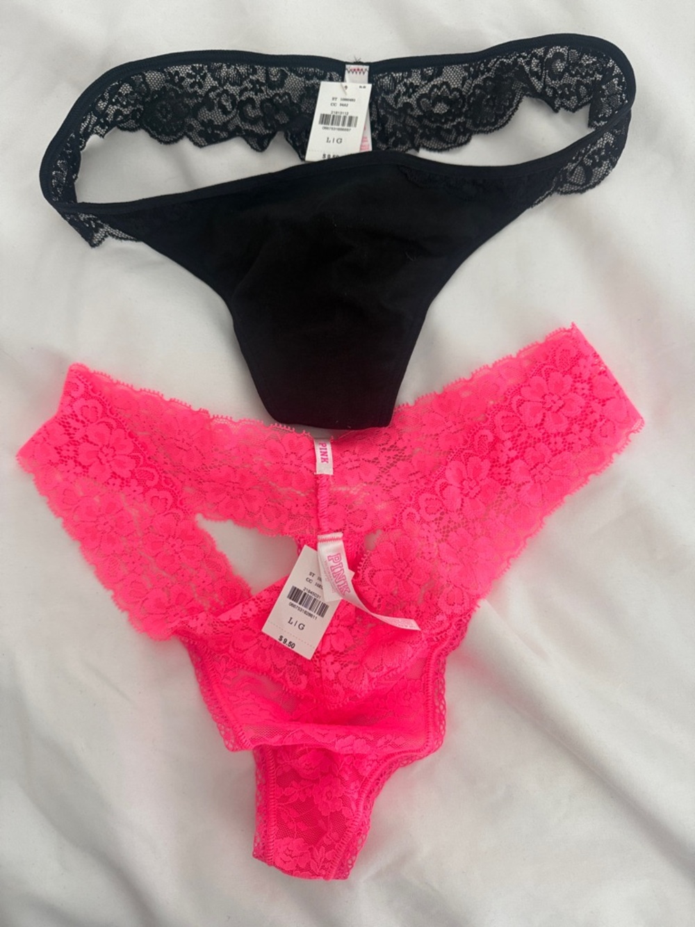 Victoria's Secret Black and Hot Pink Lace Thong Duo